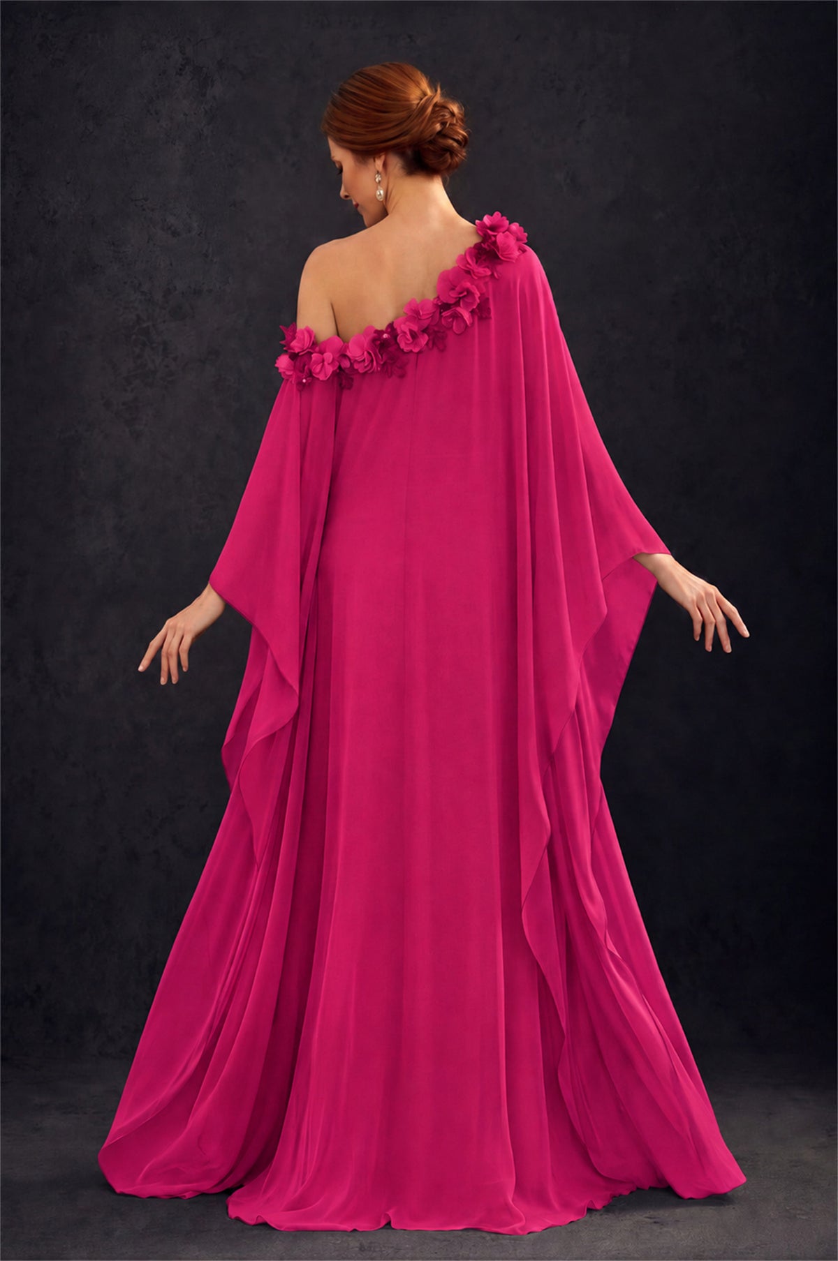 BOLODOO Hot Pink 2-Piece Set: Off-Shoulder 3D Floral Cape Gown & One-Shoulder Wide-Leg Jumpsuit | BD0373 - Hot Pink