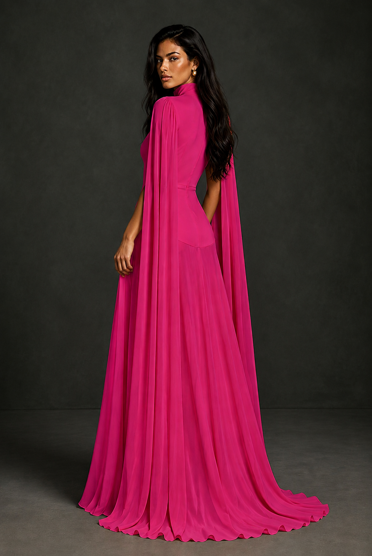BOLODOO Hot Pink Mock Neck Cape Sleeve A-Line Chiffon Maxi Dress - Hot Pink