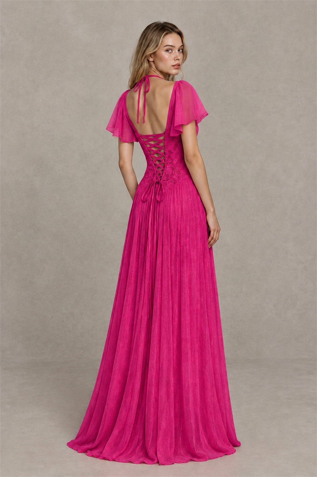 BOLODOO Hot Pink Flutter Sleeve Lace Corset A-Line Maxi Dress - Hot Pink - Hot Pink (2)