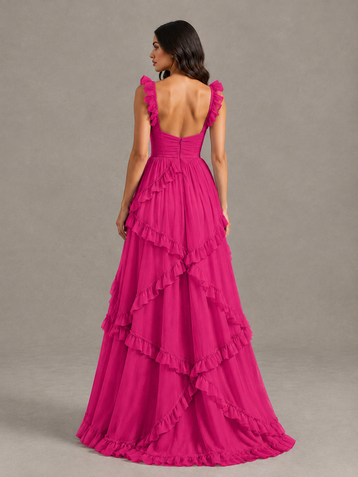 BOLODOO Hot Pink Ruffle A-Line Prom Dress with Open Back - Hot Pink - Hot Pink (2)