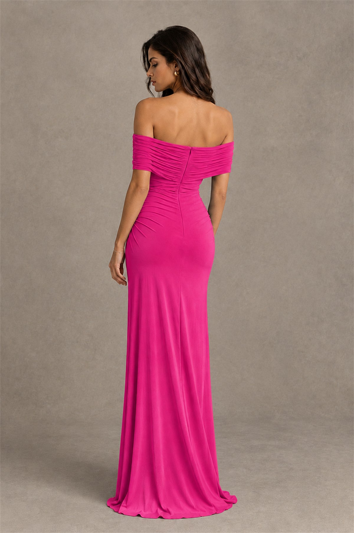 BOLODOO Hot Pink Off-Shoulder Ruched Maxi Dress - Hot Pink
