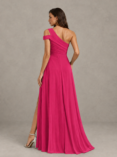 BOLODOO Hot Pink One-Shoulder Bridesmaid Dress with Side Slit - Hot Pink - Hot Pink (2)
