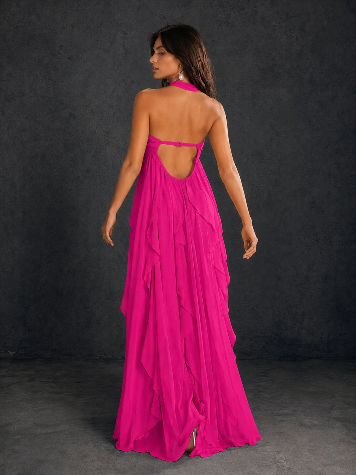 BOLODOO Hot Pink Halter Neck Cascading Ruffle Chiffon Maxi Dress | Keyhole Open Back - Hot Pink