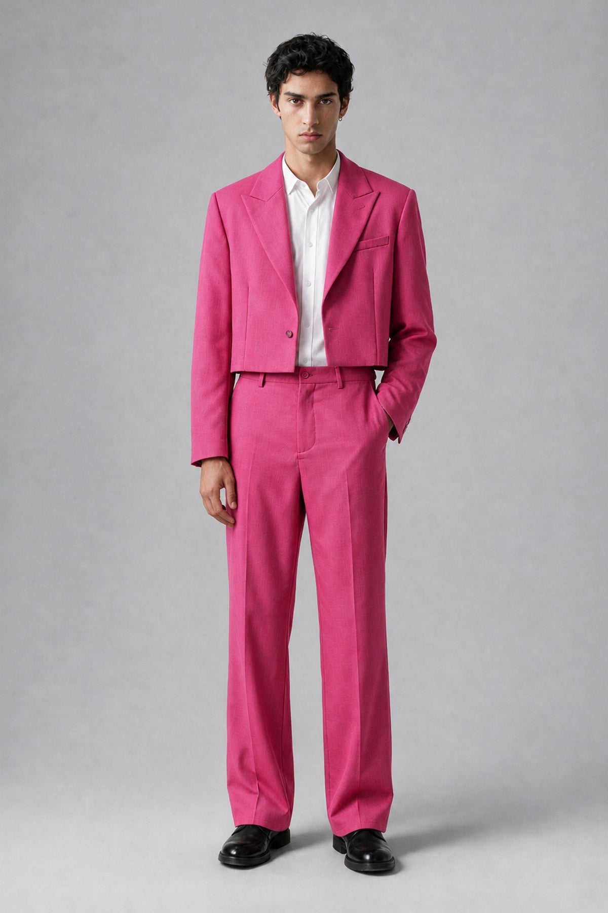 Bolodoo Men's Hot Pink Cropped Blazer & Wide-Leg Trousers 2-Piece Suit - Hot_Pink - Hot_Pink (2)