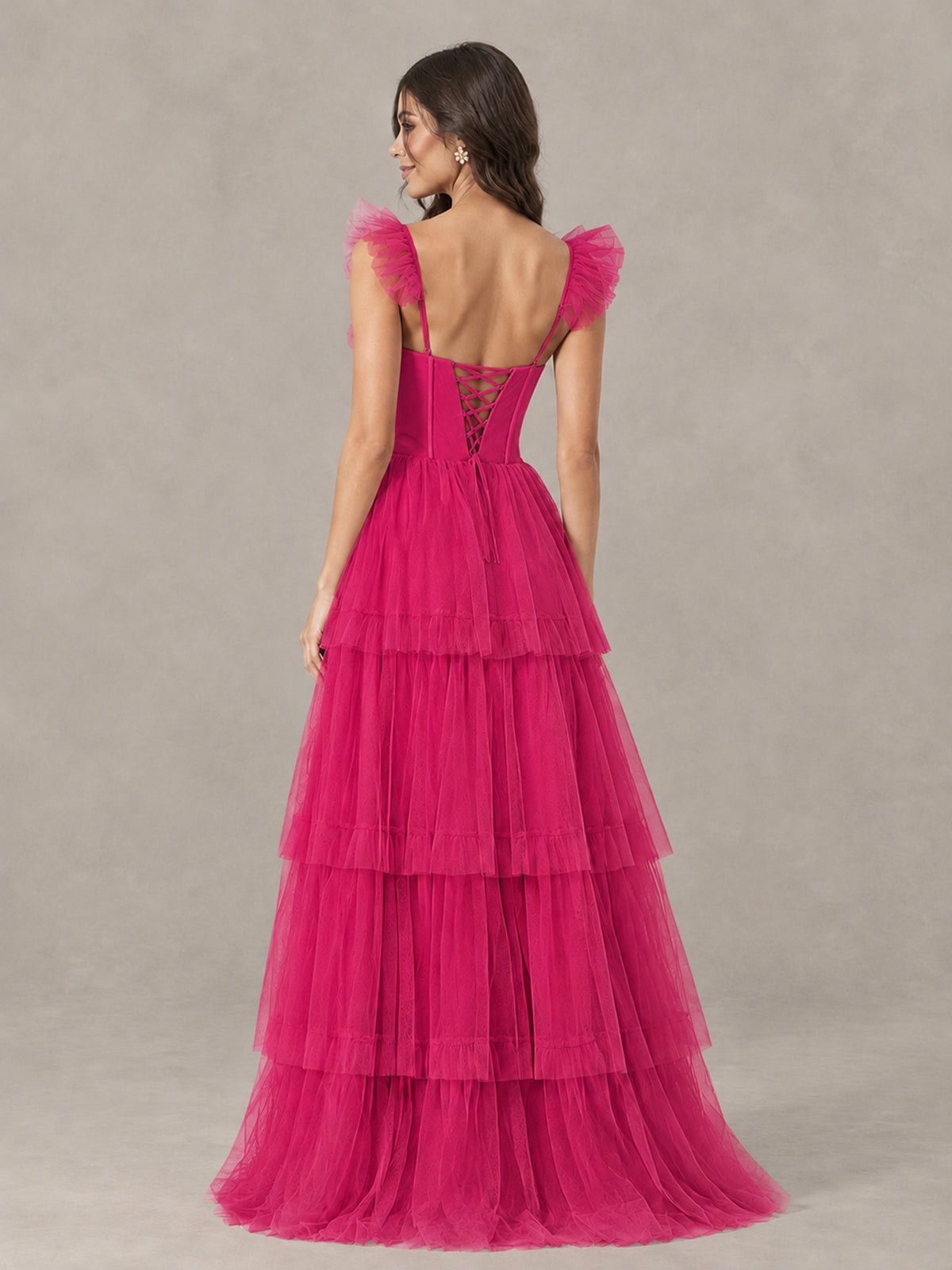 BOLODOO Hot Pink Tiered Tulle Bridesmaid Dress with Slit - Hot Pink - Hot Pink (2)