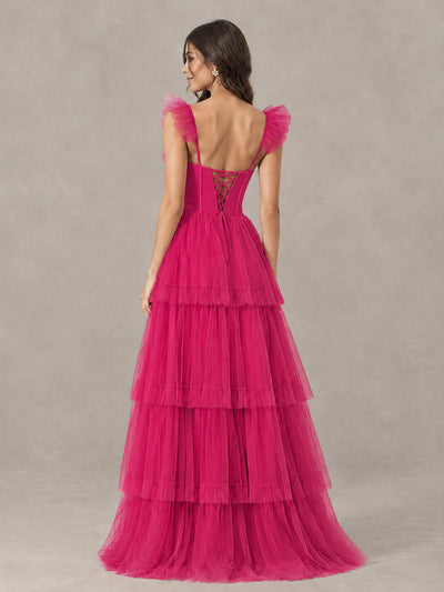 BOLODOO Hot Pink Tiered Tulle Bridesmaid Dress with Slit - Hot Pink - Hot Pink (2)