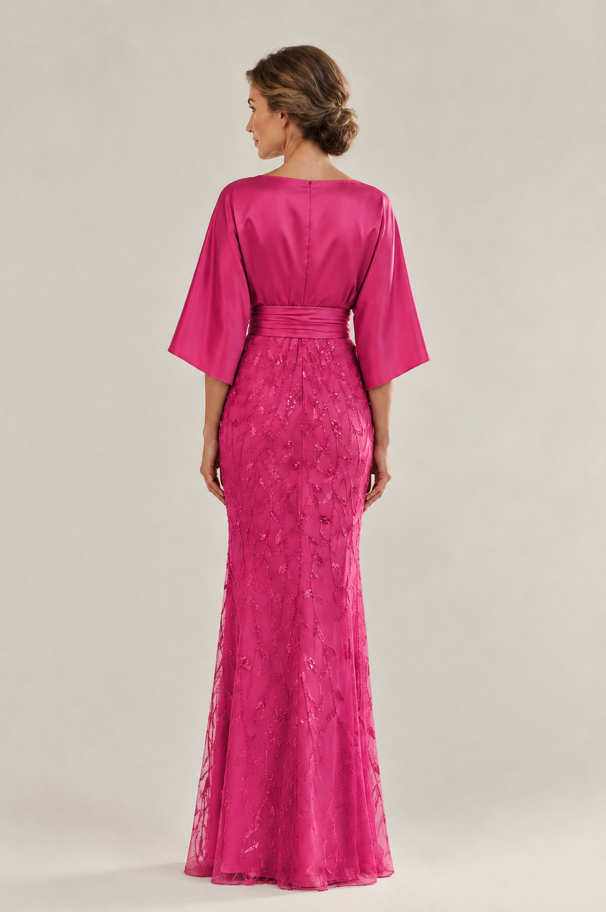 BOLODOO Hot Pink Mother of the Bride Dress with Kimono Sleeves, Satin Bodice & Sequin Embroidered Mermaid Floor-Length Gown - Hot Pink - Hot Pink (2)