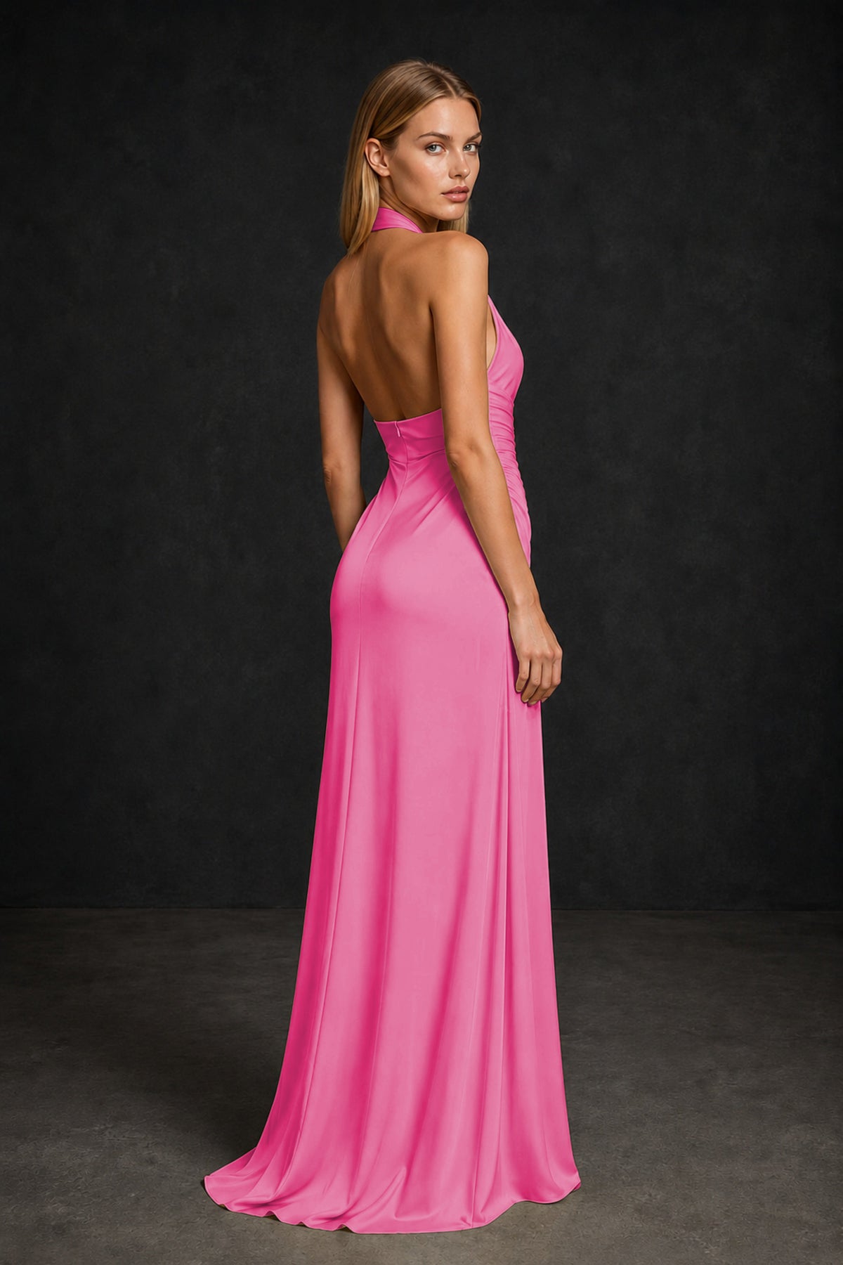 BOLODOO Hot Pink Twisted Halter Neck Ruched Sleeveless Open Back Floor-Length Gown - Hot Pink