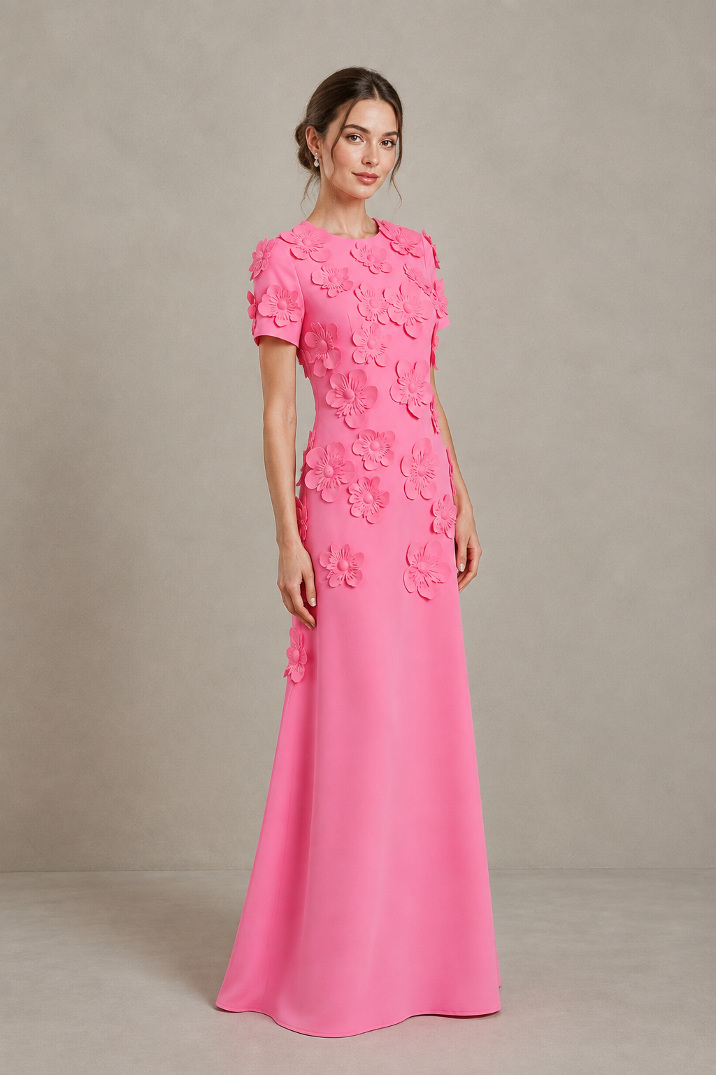 BOLODOO Hot Pink Textured Floral Maxi Dress with Short Sleeves - Hot Pink