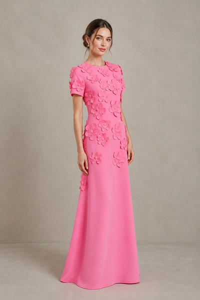 BOLODOO Hot Pink Textured Floral Maxi Dress with Short Sleeves - Hot Pink