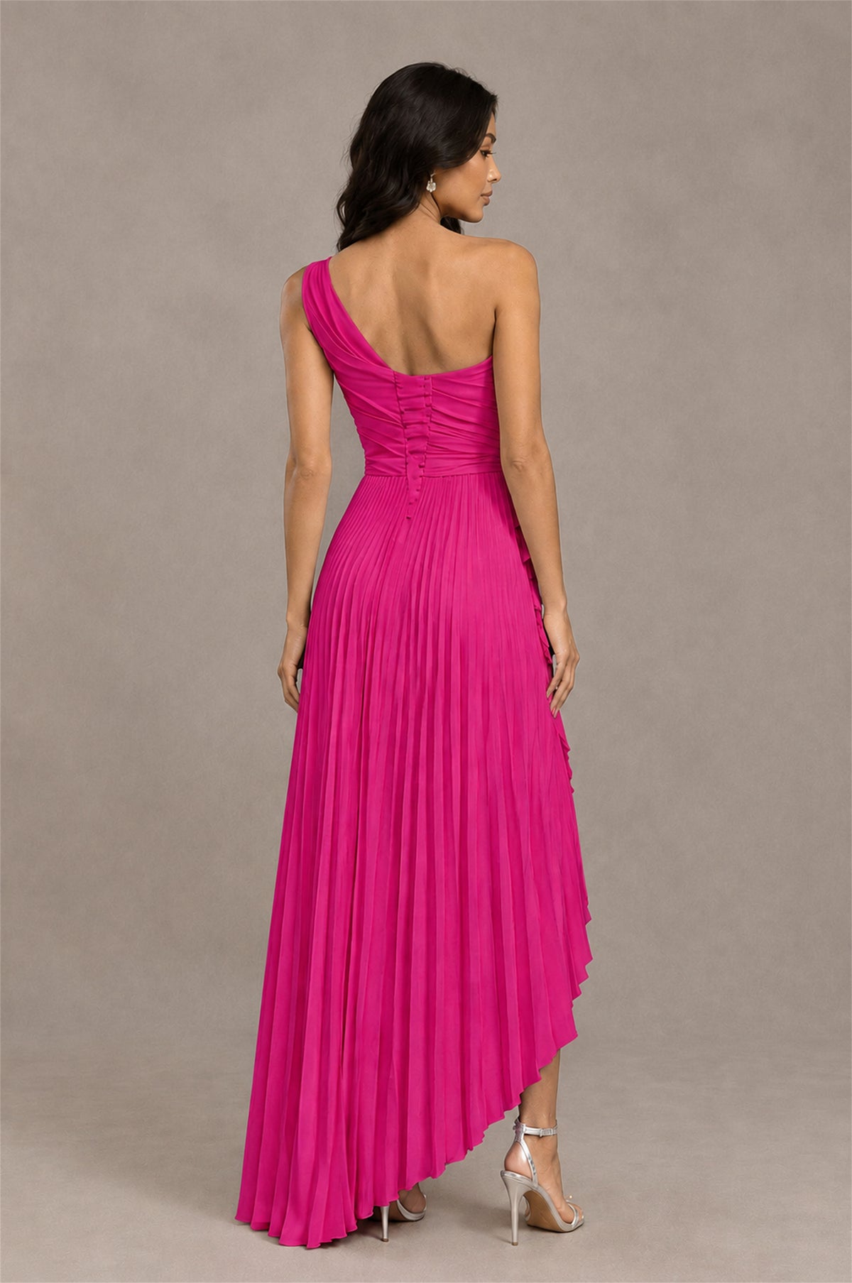 BOLODOO Hot Pink One-Shoulder High-Low Ruffle Maxi Dress - Hot Pink