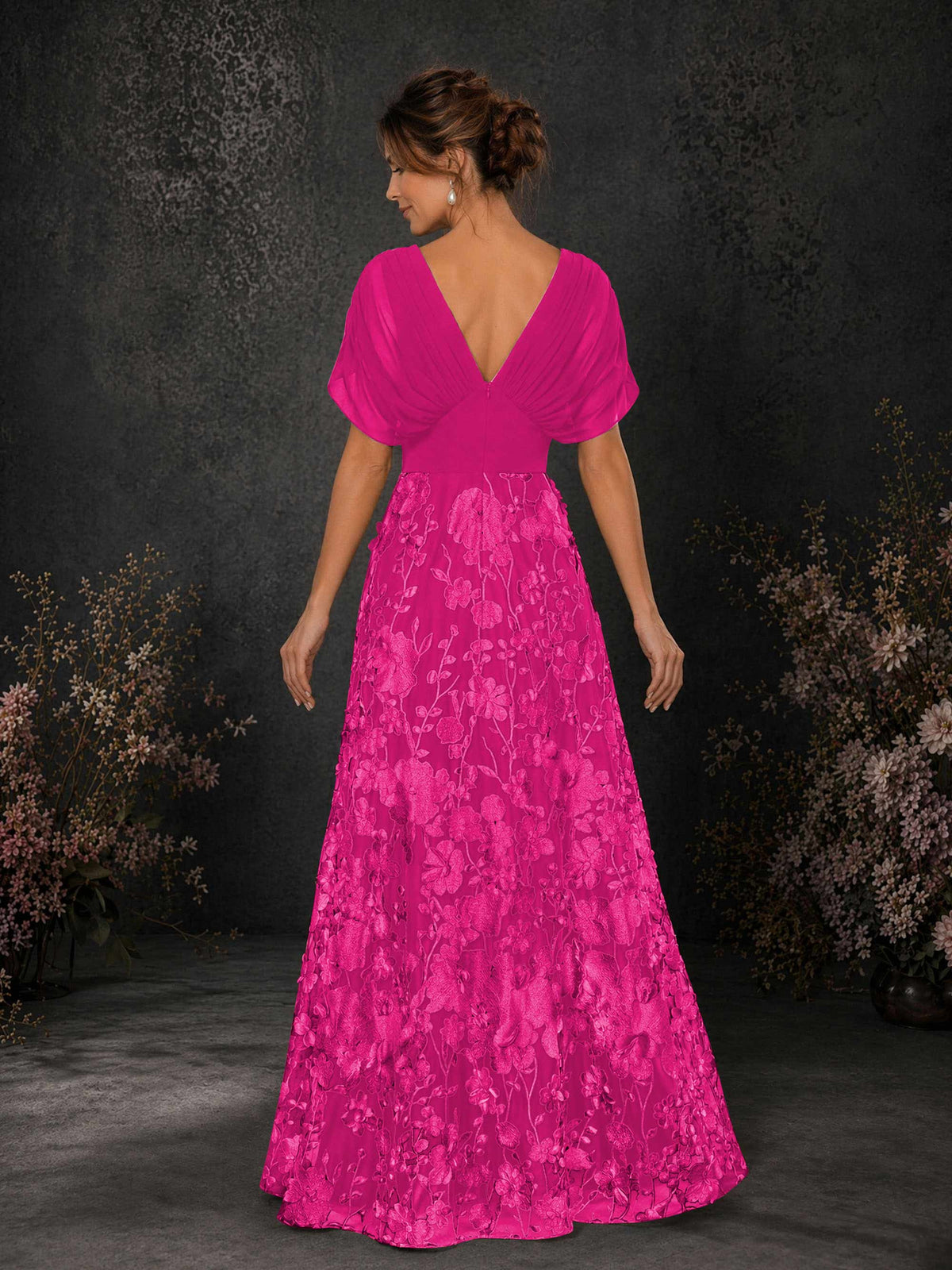 BOLODOO Hot Pink & Hot Pink Chiffon V-Neck Flutter Sleeve Floral Embroidered A-Line Gown BD0414 - Hot Pink
