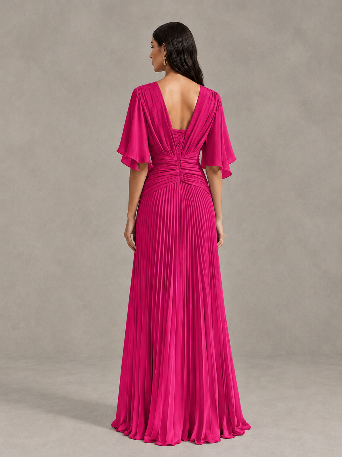 BOLODOO Hot Pink Pleated V-Neck Flutter Sleeve Bridesmaid Dress - Hot Pink - Hot Pink (2)