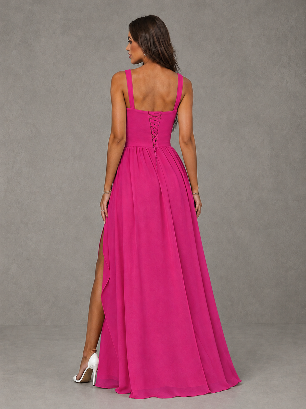 BOLODOO Hot Pink A-Line Bridesmaid Dress with High Slit & Lace-Up Back - Hot Pink - Hot Pink (2)