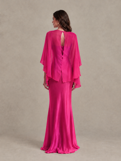 BOLODOO Hot Pink Satin Mermaid Bridesmaid Dress with Chiffon Cape - Hot Pink - Hot Pink (2)
