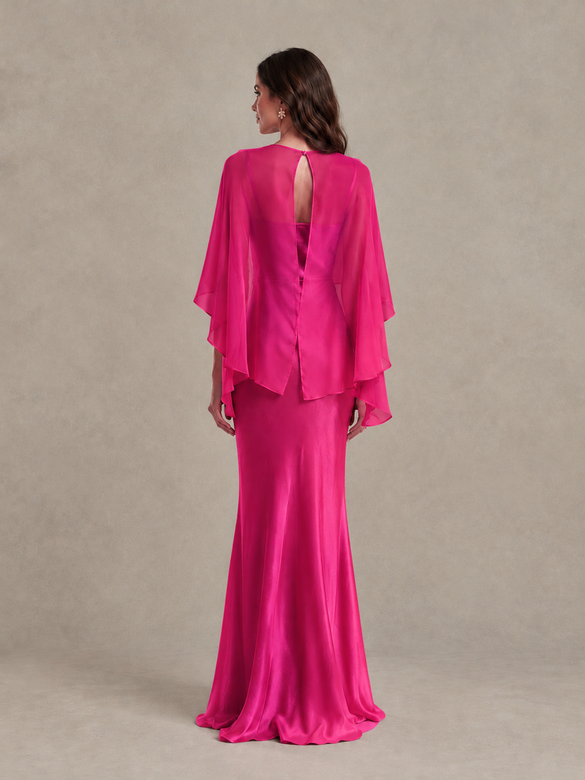 BOLODOO Hot Pink Satin Mermaid Bridesmaid Dress with Chiffon Cape - Hot Pink - Hot Pink (2)