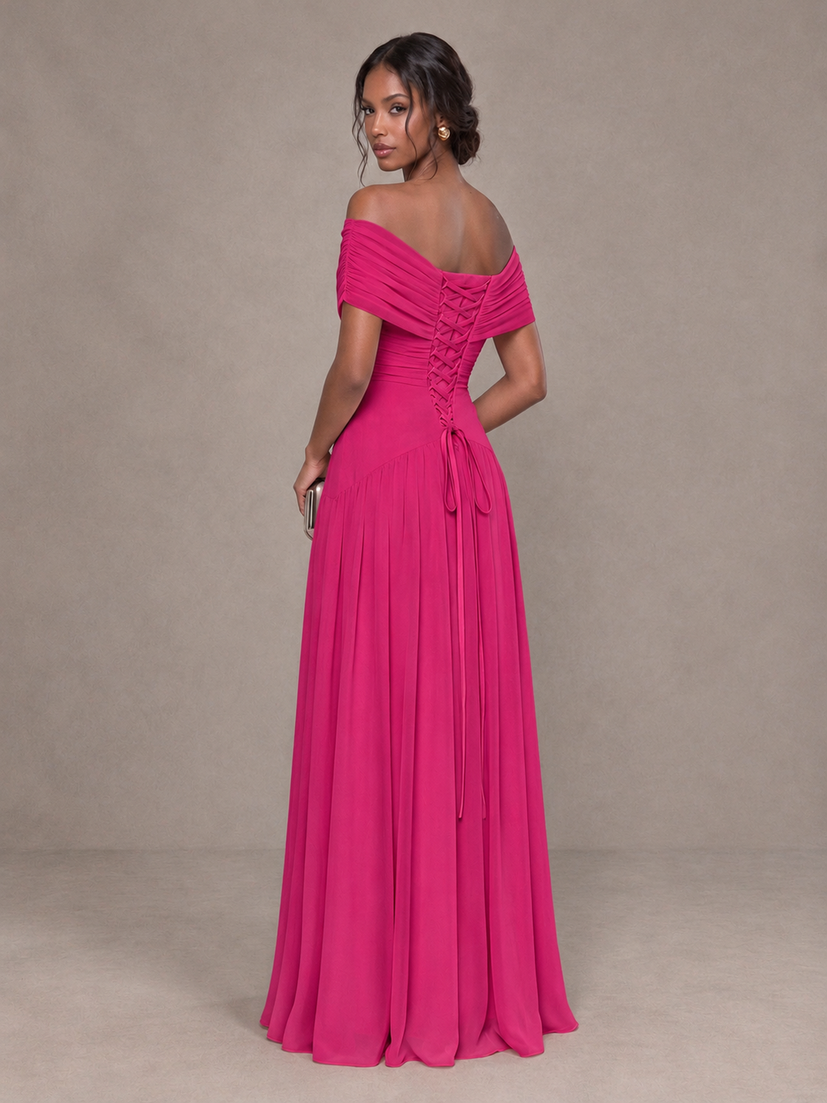 BOLODOO Hot Pink Off-Shoulder Ruched A-Line Bridesmaid Dress - Hot Pink - Hot Pink (2)