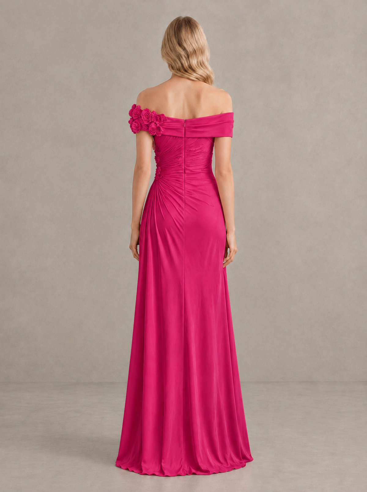 BOLODOO Hot Pink Off-Shoulder Floral Applique Wedding Guest Maxi Dress - Hot Pink - Hot Pink (2)