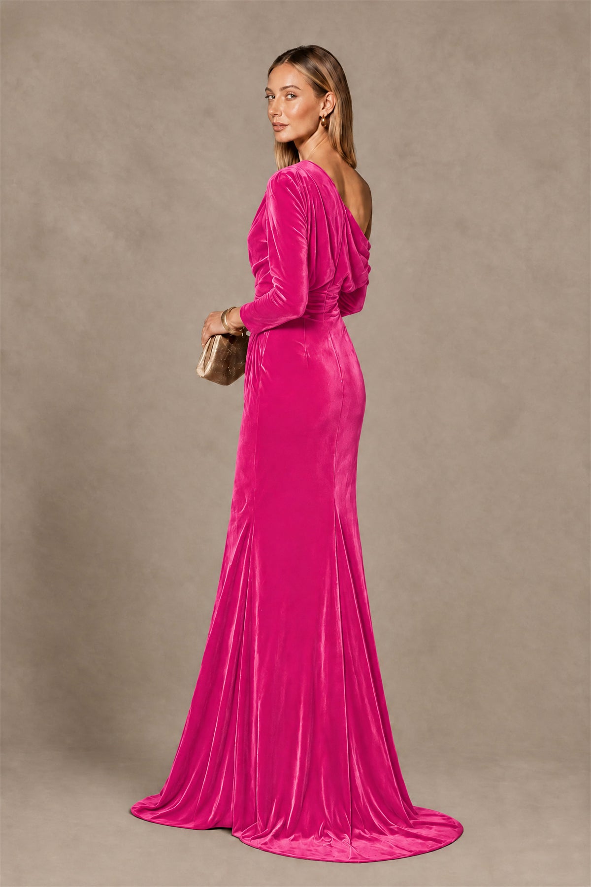 BOLODOO Hot Pink Velvet One-Shoulder Long Sleeve Evening Gown - Hot Pink
