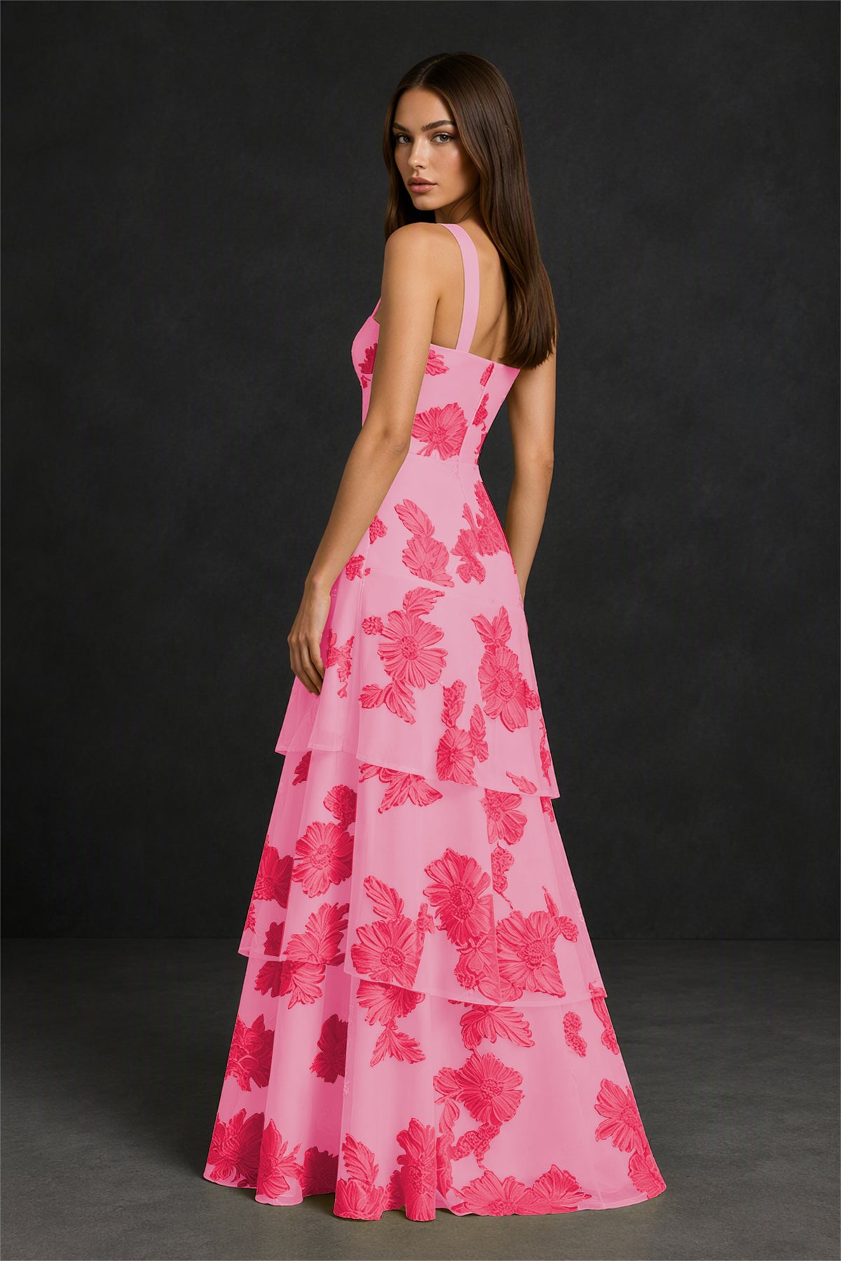 BOLODOO Hot Pink Crisscross Halter Neck Hot Pink Floral Embroidered Triple Tiered A-Line Tulle Maxi Dress - Hot Pink