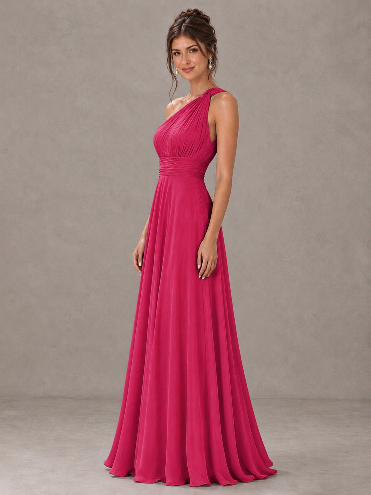 BOLODOO Hot Pink One-Shoulder Chiffon-Look Bridesmaid Dress - Hot Pink - Hot Pink (3)