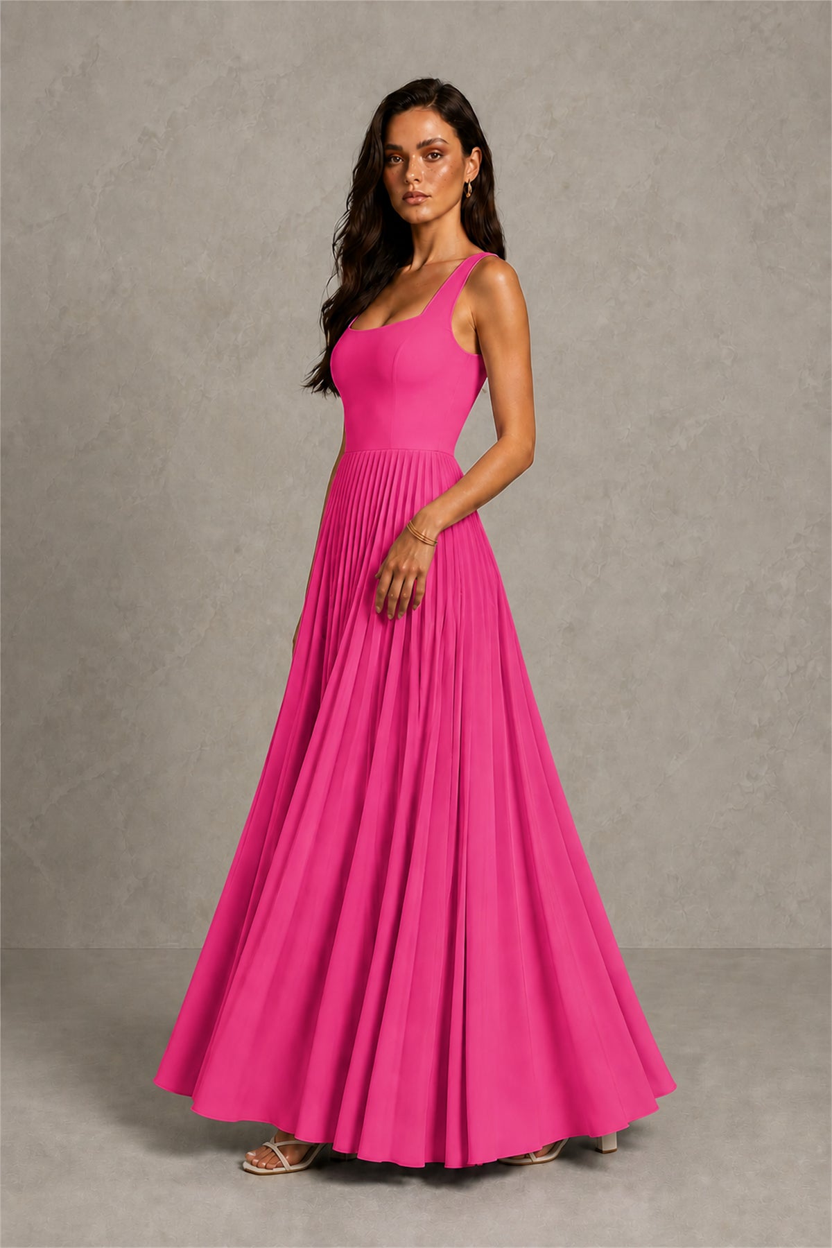 BOLODOO Hot Pink Square Neck Wide Strap Lace-Up Back Pleated A-Line Chiffon Maxi Dress - Hot Pink