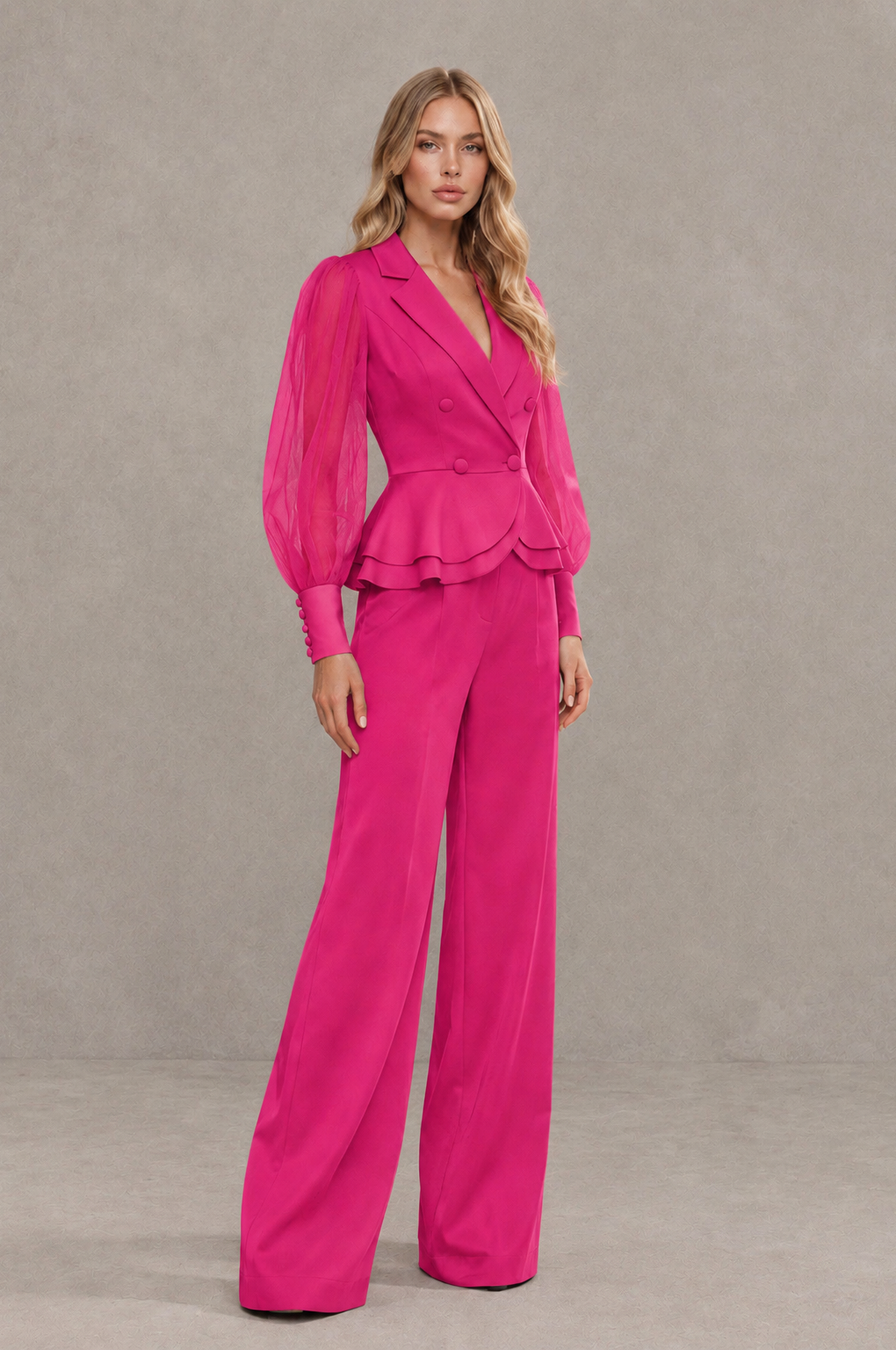 BOLODOO Mint Hot Pink Peplum Blazer Wide-Leg Pantsuit with Sheer Puff Sleeves - Hot Pink