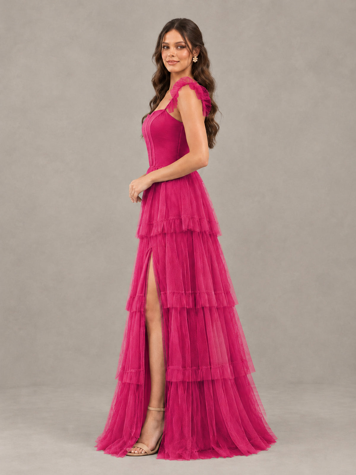 BOLODOO Hot Pink Tiered Tulle Bridesmaid Dress with Slit - Hot Pink - Hot Pink (3)