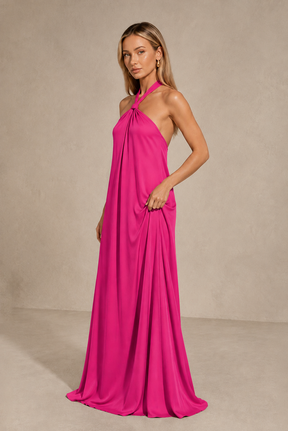 BOLODOO Hot Pink Backless Halter Satin Bridesmaid Dress - Hot Pink