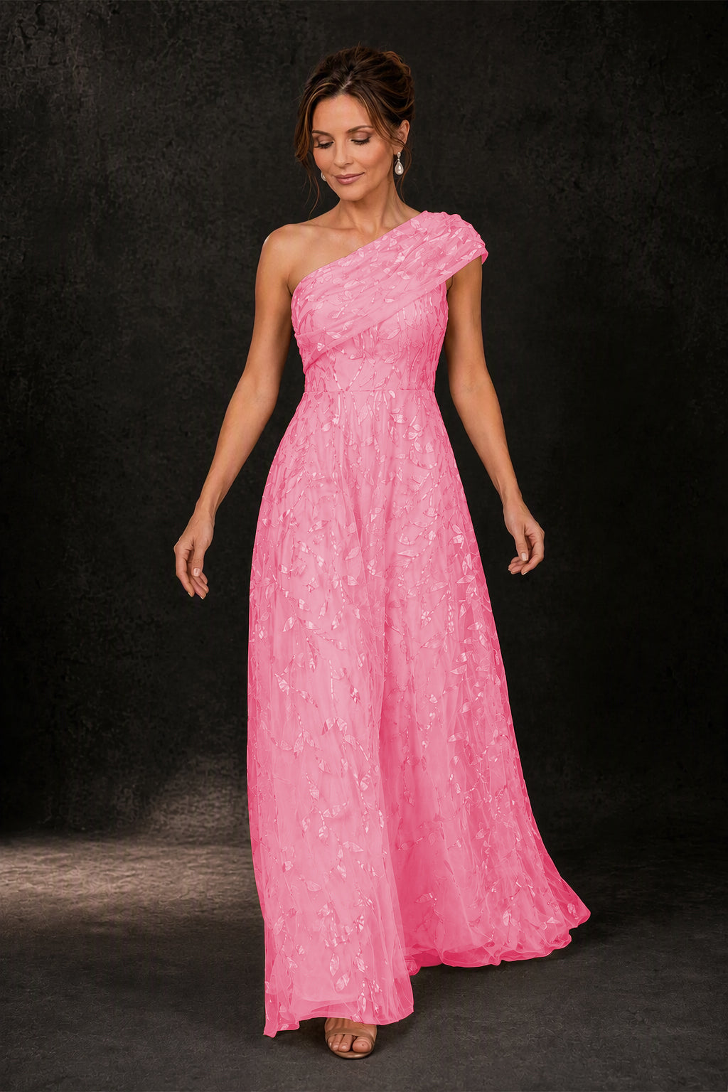 BOLODOO Hot Pink Leaf Sequin One-Shoulder A-Line Maxi Gown – Mother of the Bride & Formal Evening Dress - Hot Pink