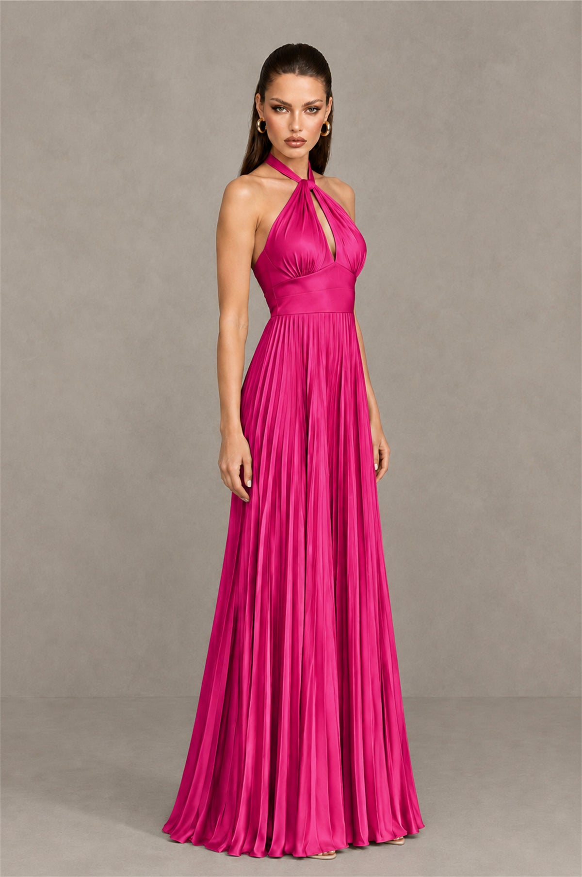 BOLODOO Hot Pink Halter Pleated A-Line Evening Dress - Hot Pink
