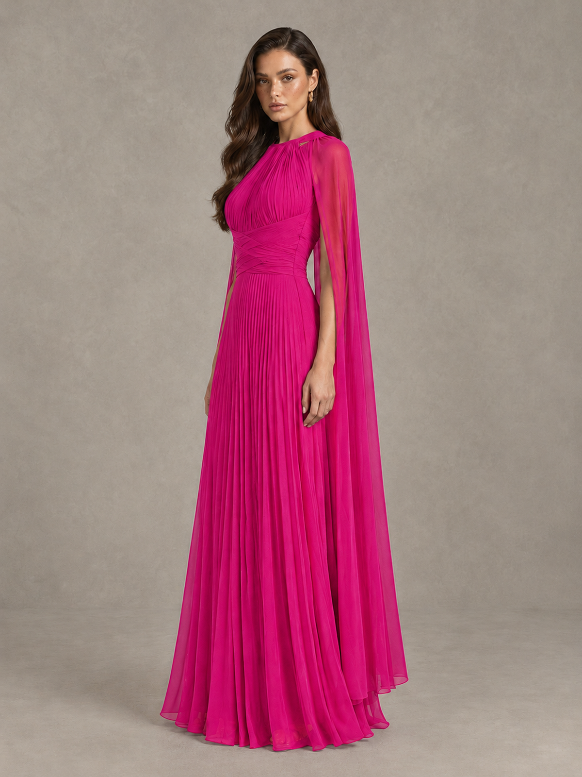 BOLODOO Hot Pink Pleated Cape Maxi Wedding Guest Dress - Hot Pink - Hot Pink (3)