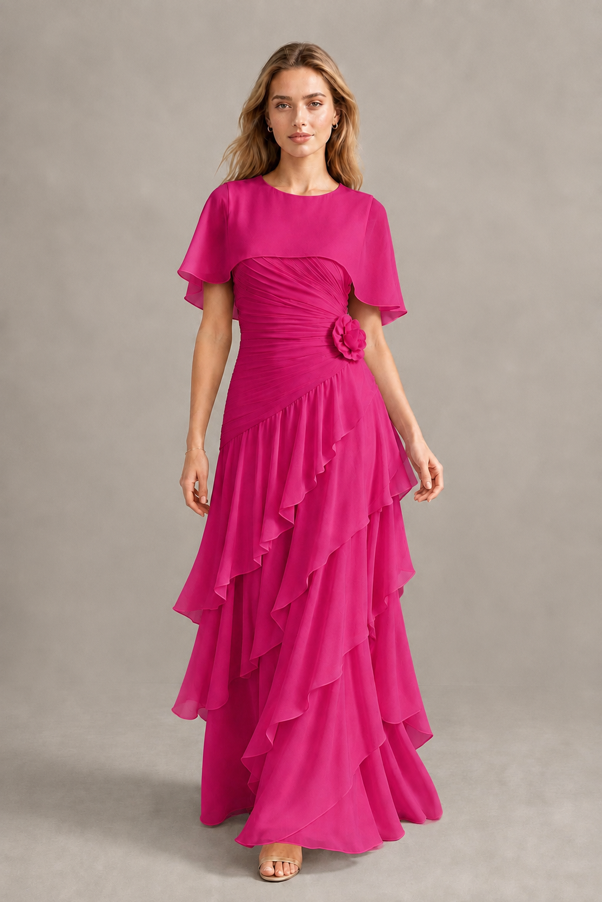 BOLODOO Hot Pink Chiffon Flutter Sleeve Tiered Maxi Dress with 3D Rosette - Hot Pink