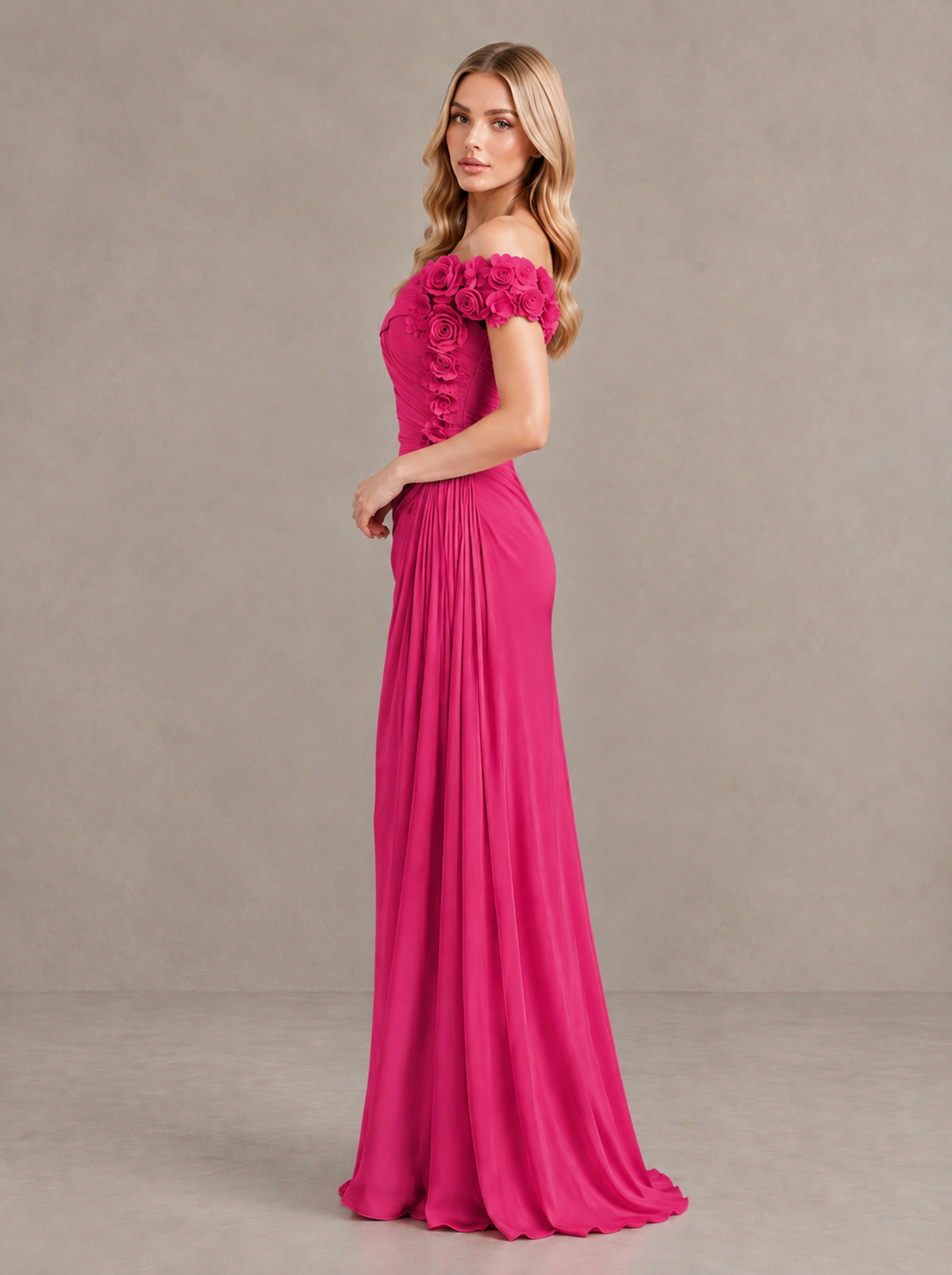 BOLODOO Hot Pink Off-Shoulder Floral Applique Wedding Guest Maxi Dress - Hot Pink - Hot Pink (3)