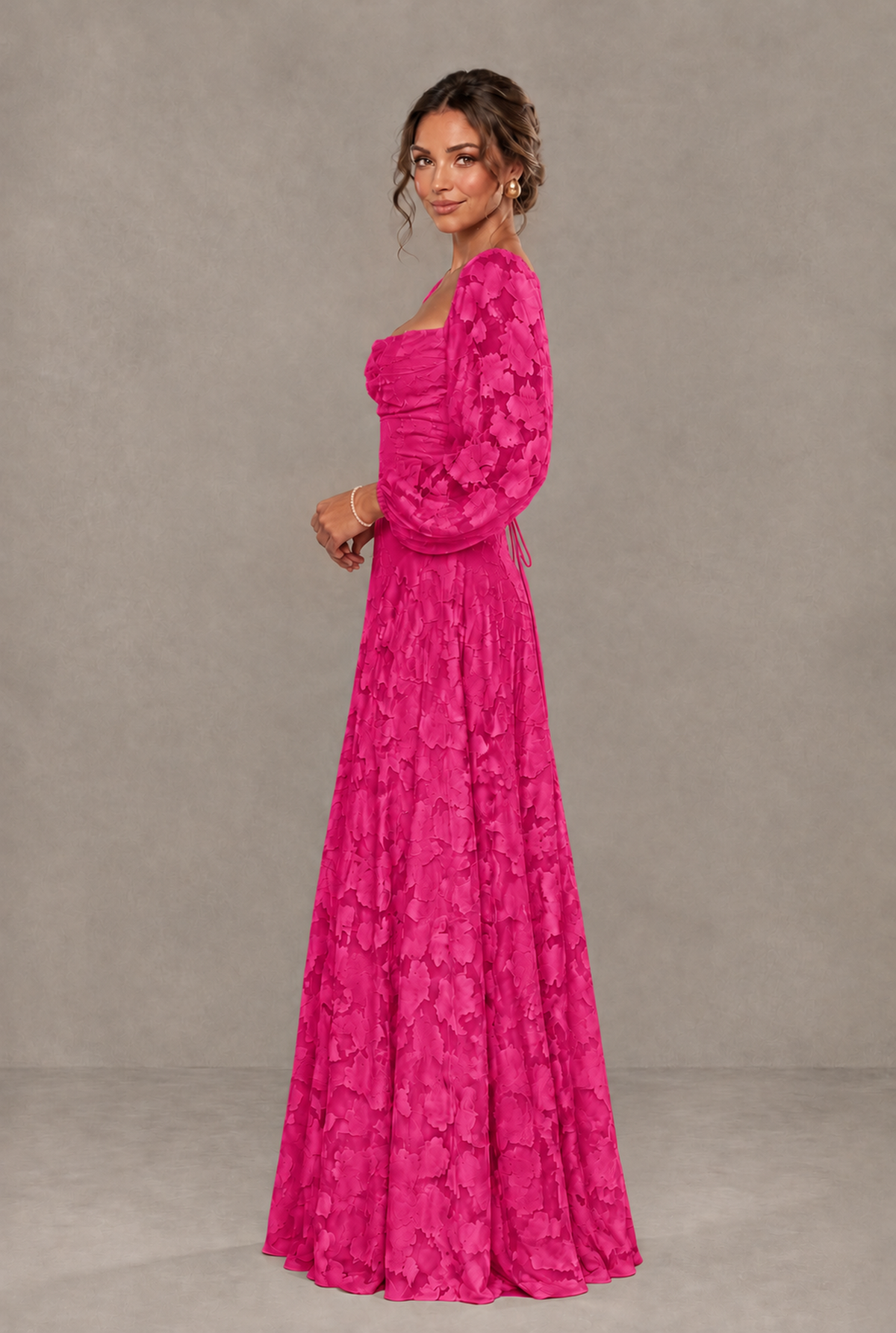 BOLODOO Floral Hot Pink Long Sleeve A-Line Dress with Lace-Up Back - Hot Pink