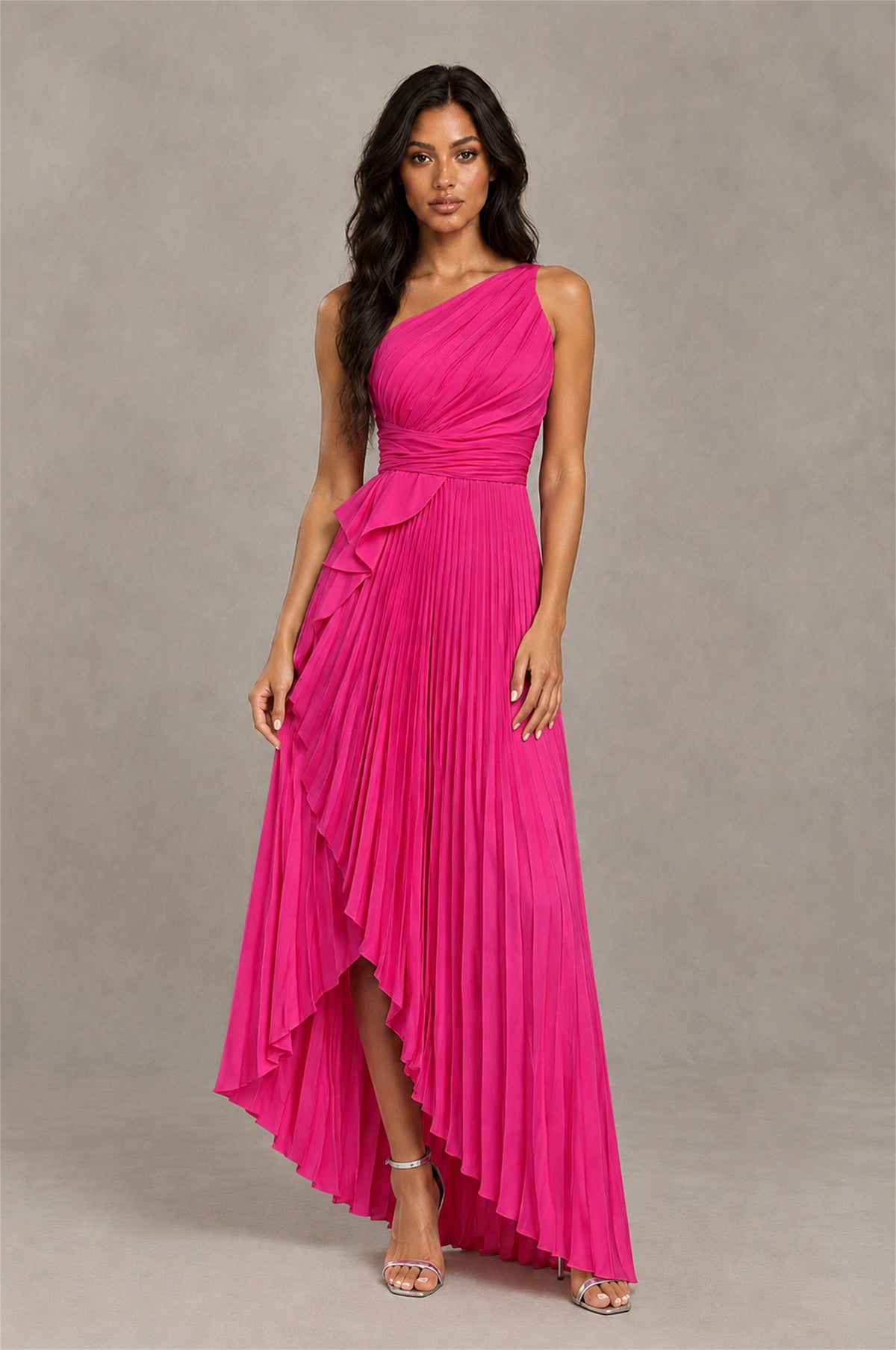 BOLODOO Hot Pink One-Shoulder High-Low Ruffle Maxi Dress - Hot Pink