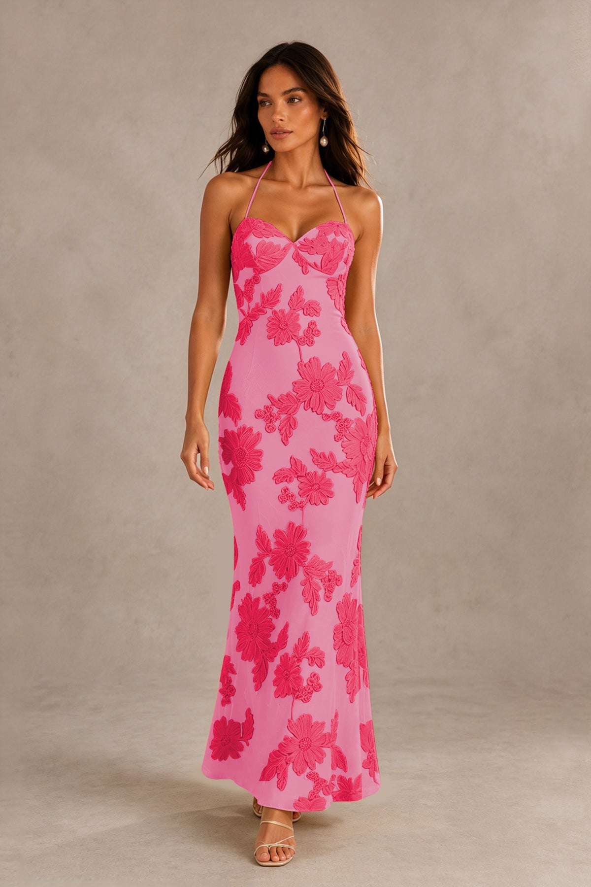 BOLODOO Hot Pink Halter Sweetheart Floral Embroidered Lace-Up Open Back Maxi Dress | BD0257 - Hot Pink