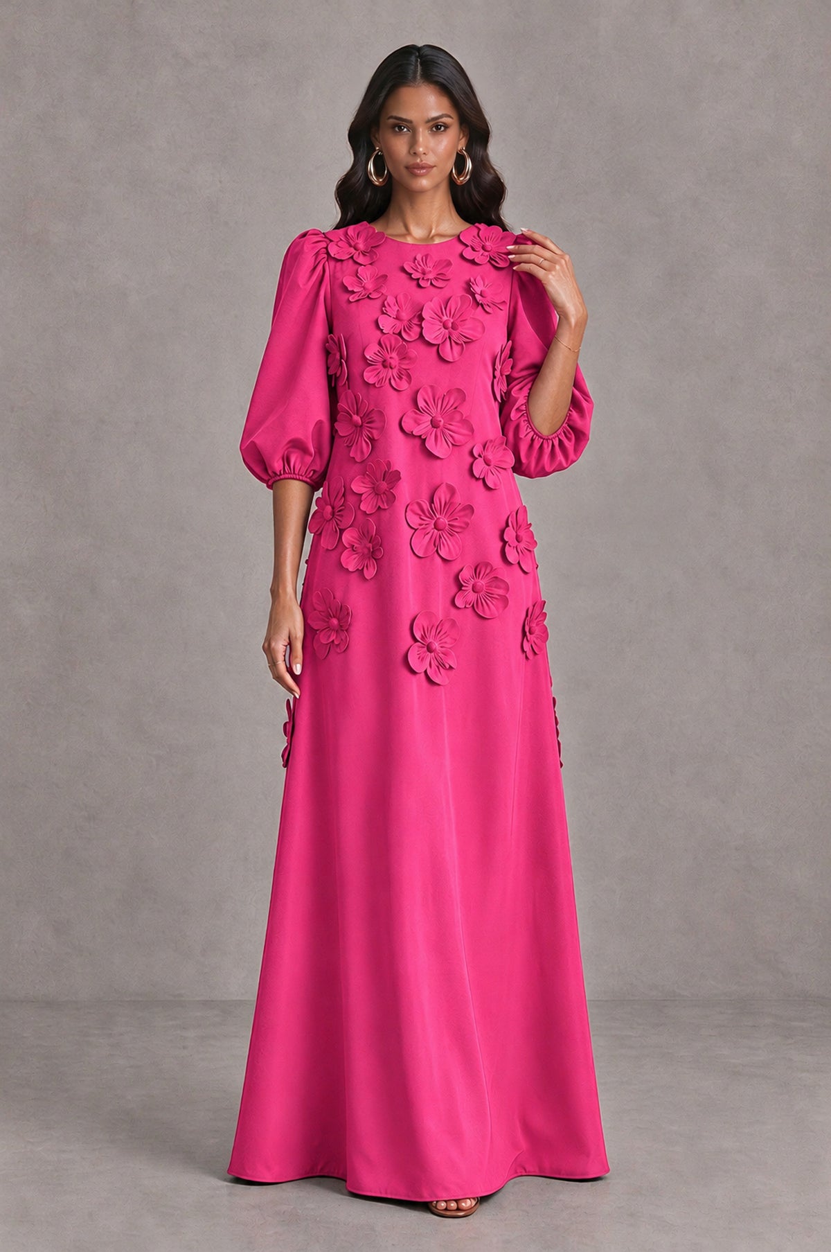 BOLODOO Hot Pink Floral Applique Puff Sleeve A-Line Evening Dress - Hot Pink - Hot Pink (3)