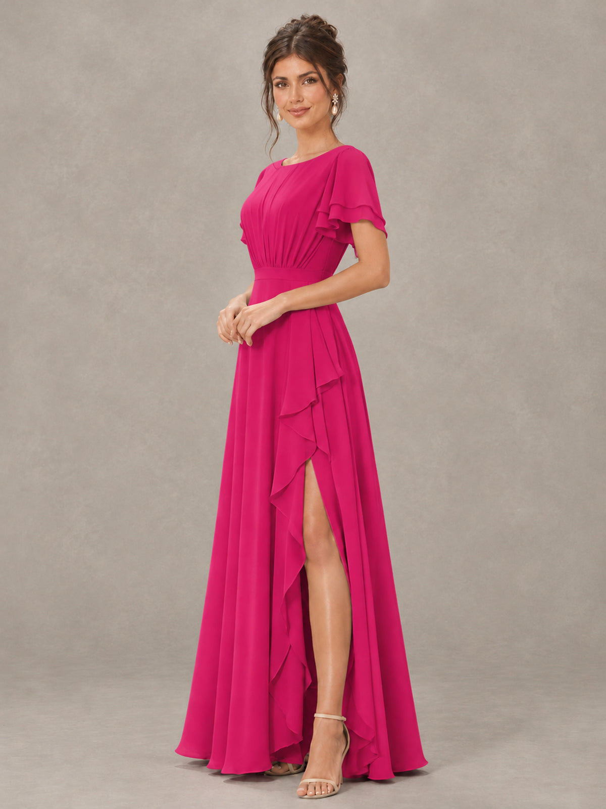 BOLODOO Hot Pink Flutter Sleeve Ruffle Bridesmaid Dress with Slit - Hot Pink - Hot Pink (3)