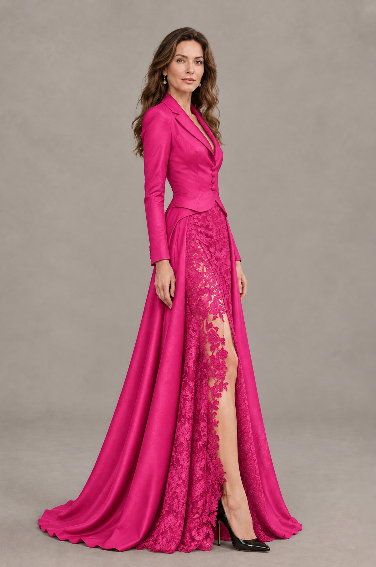 BOLODOO Hot Pink Long Sleeve Lace Blazer Gown with High Slit - Hot Pink - Hot Pink (3)