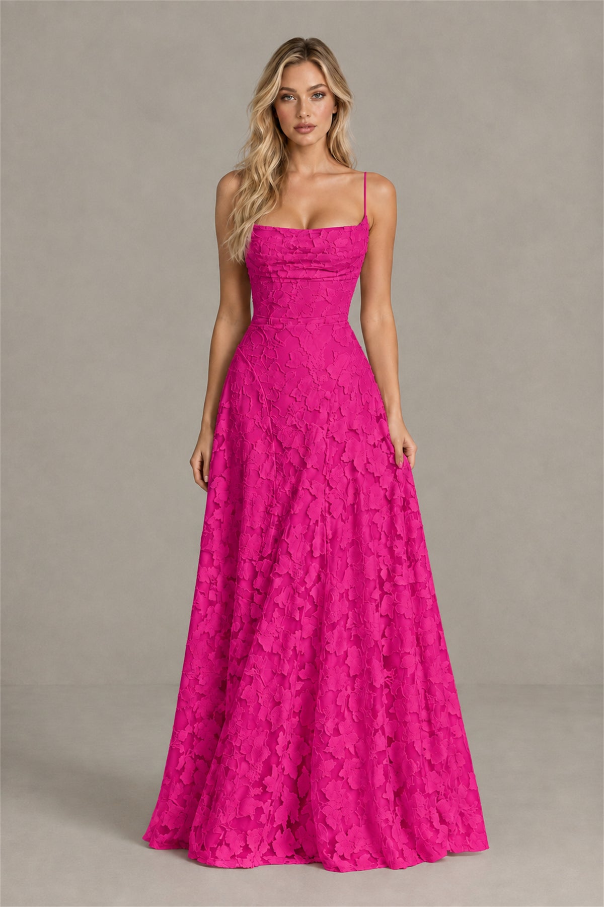 BOLODOO Hot Pink Floral Appliqué Lace-Up Back Maxi Dress - Hot Pink