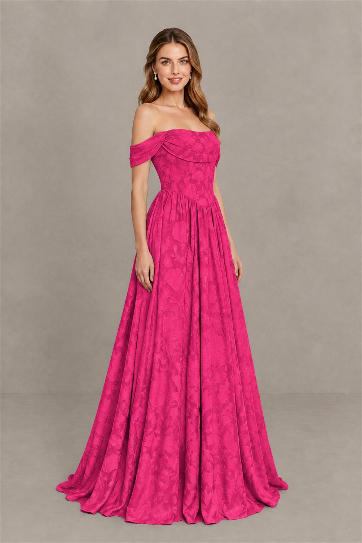 BOLODOO Hot Pink Off-Shoulder Floral A-Line Maxi Dress - Hot Pink
