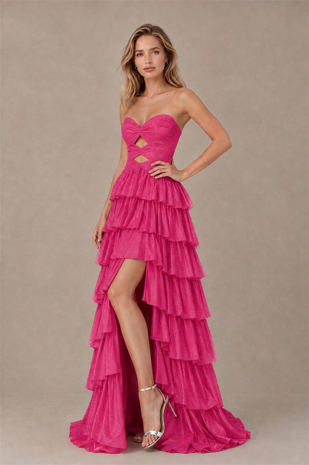 BOLODOO Hot Pink Strapless Cutout Tiered Ruffle Prom Dress with High Slit - Hot Pink - Hot Pink (3)