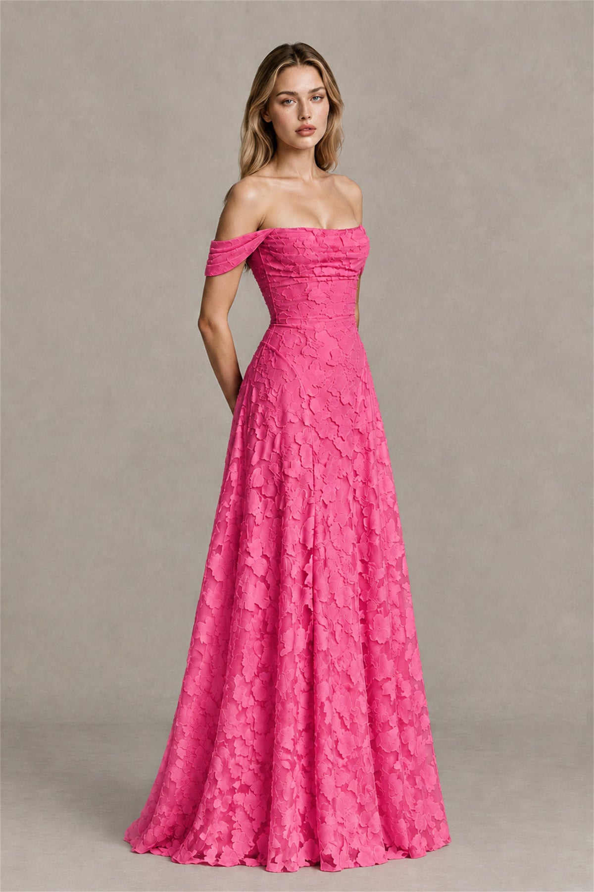 BOLODOO Hot Pink Off-Shoulder Pleated A-Line Maxi Dress Floral - Hot Pink