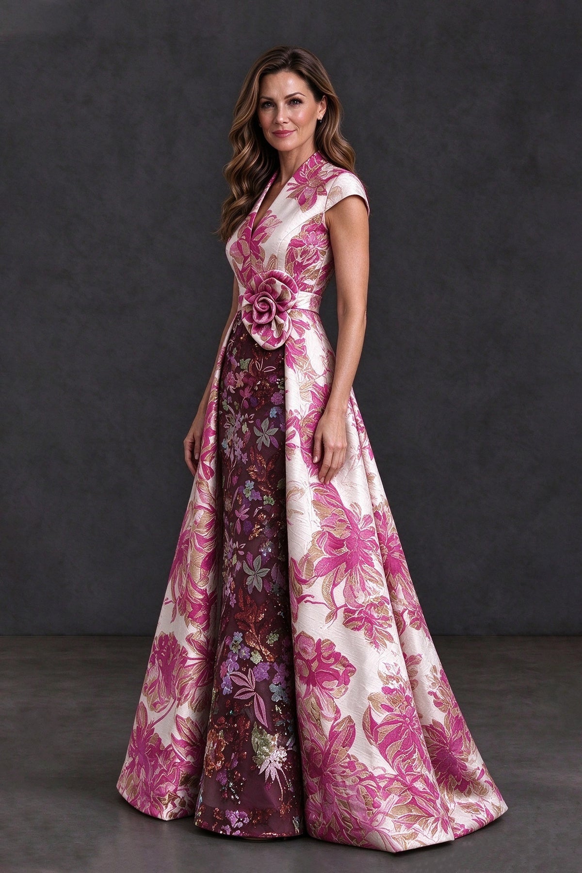 BOLODOO Hot Pink Floral Jacquard V-Neck Mother of the Bride Dress - Hot Pink - Hot Pink (3)