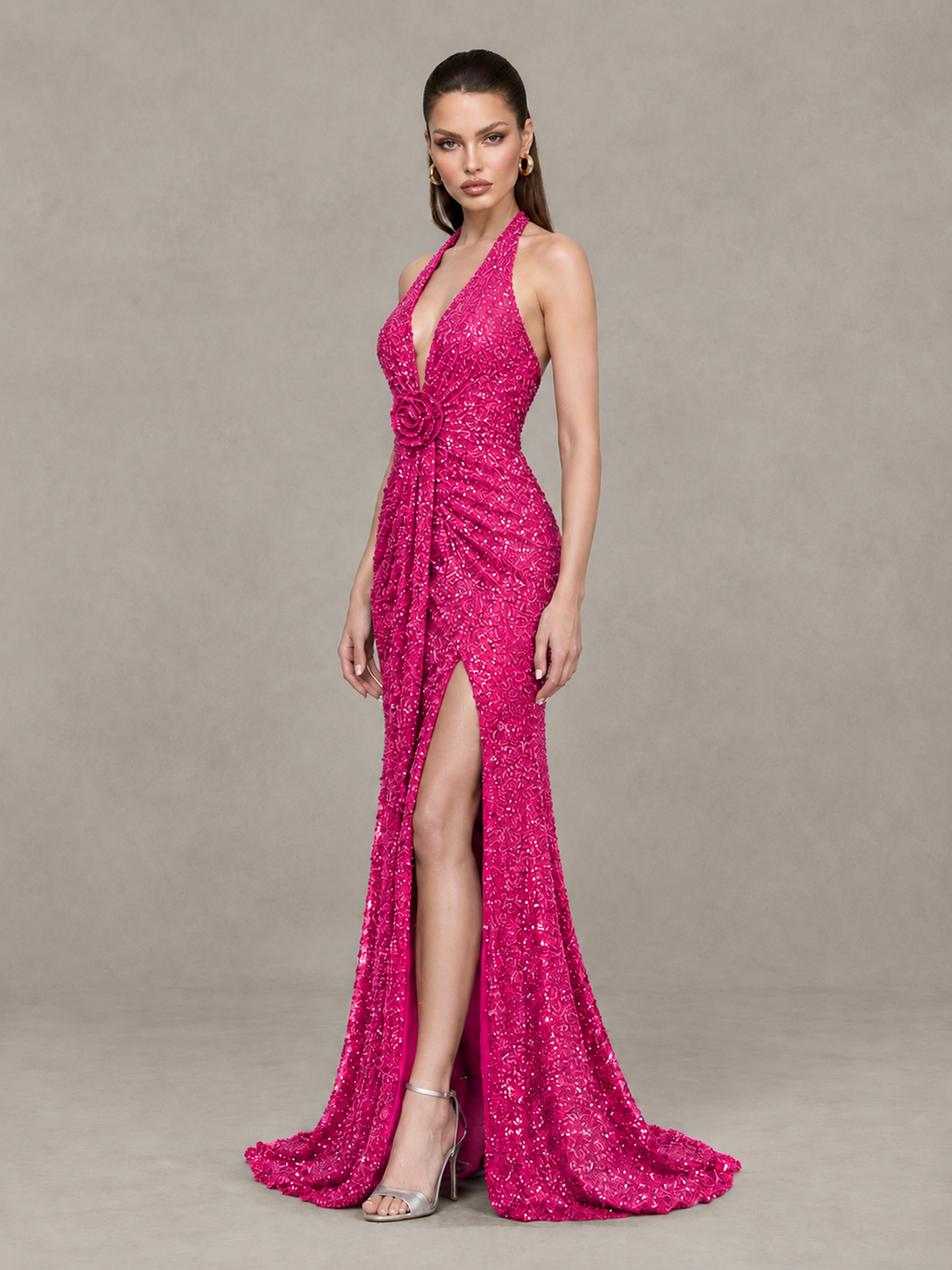BOLODOO Hot Pink Sequin Halter Open Back Evening Gown with High Slit - Hot Pink - Hot Pink (3)