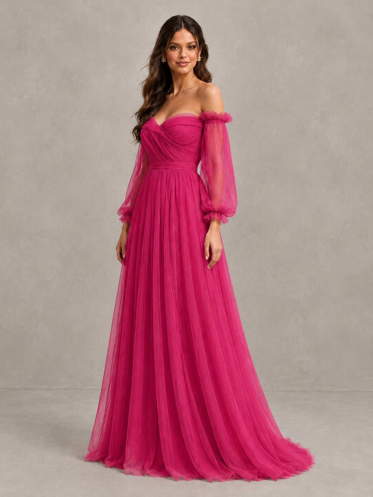 BOLODOO Hot Pink Off-the-Shoulder Long Sleeve A-Line Bridesmaid Dress - Hot Pink - Hot Pink (3)