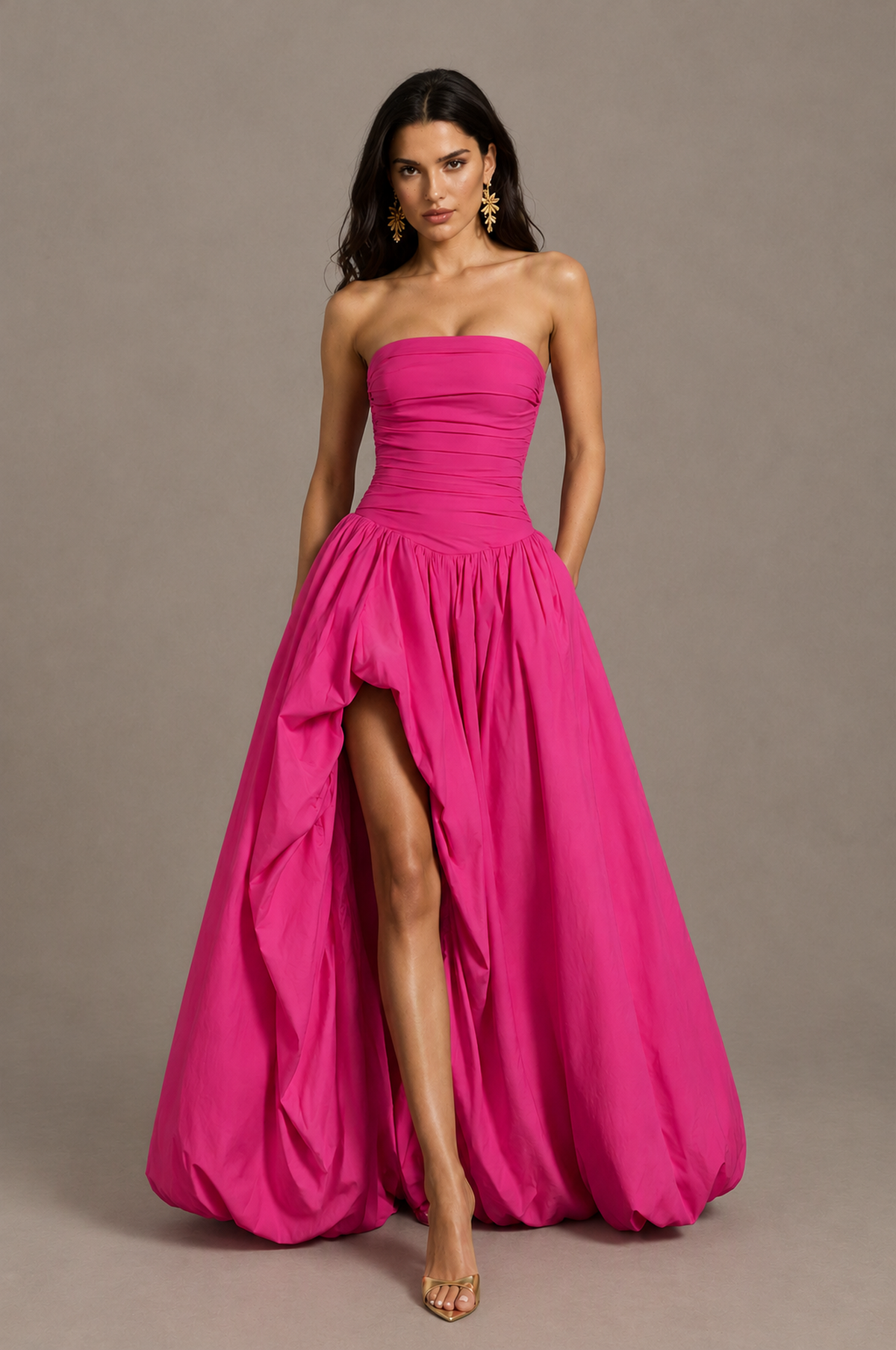 BOLODOO Hot Pink Strapless Ruched Corset Lace-Up Back Bubble Skirt High Slit Taffeta Maxi Dress - Hot Pink