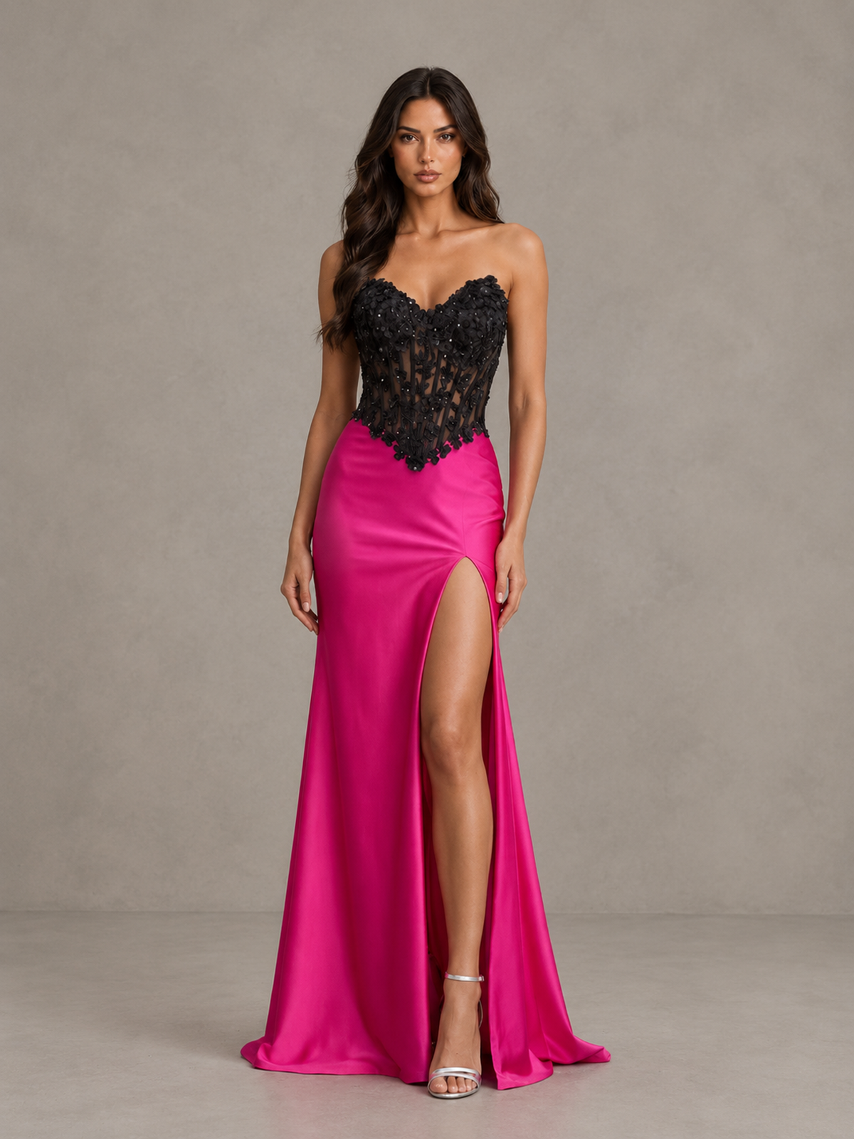 Hot Pink Strapless Floral Applique Prom Dress with High Slit - Hot Pink - Hot Pink (3)