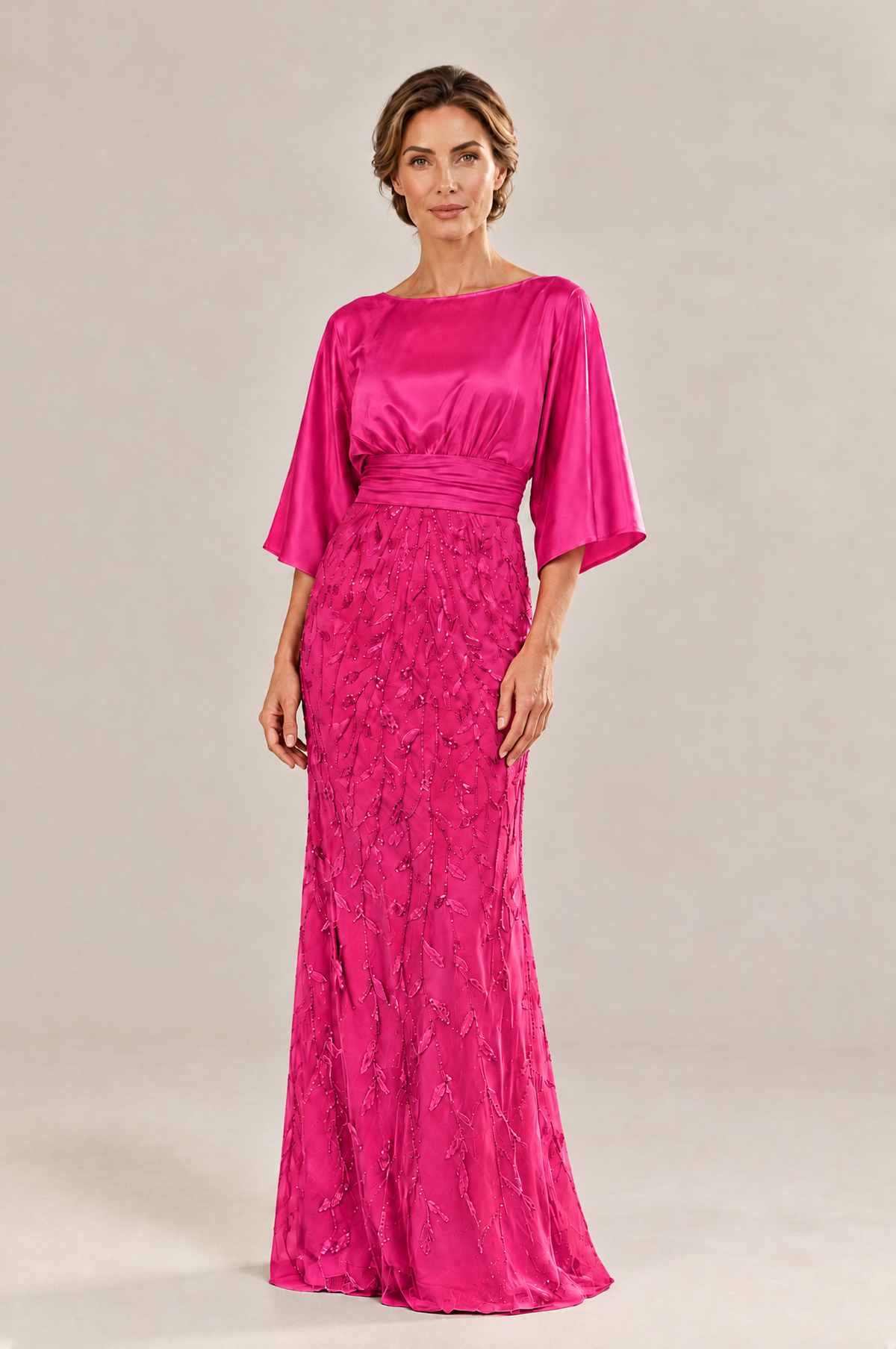 BOLODOO Hot Pink Mother of the Bride Dress with Kimono Sleeves, Satin Bodice & Sequin Embroidered Mermaid Floor-Length Gown - Hot Pink - Hot Pink (3)